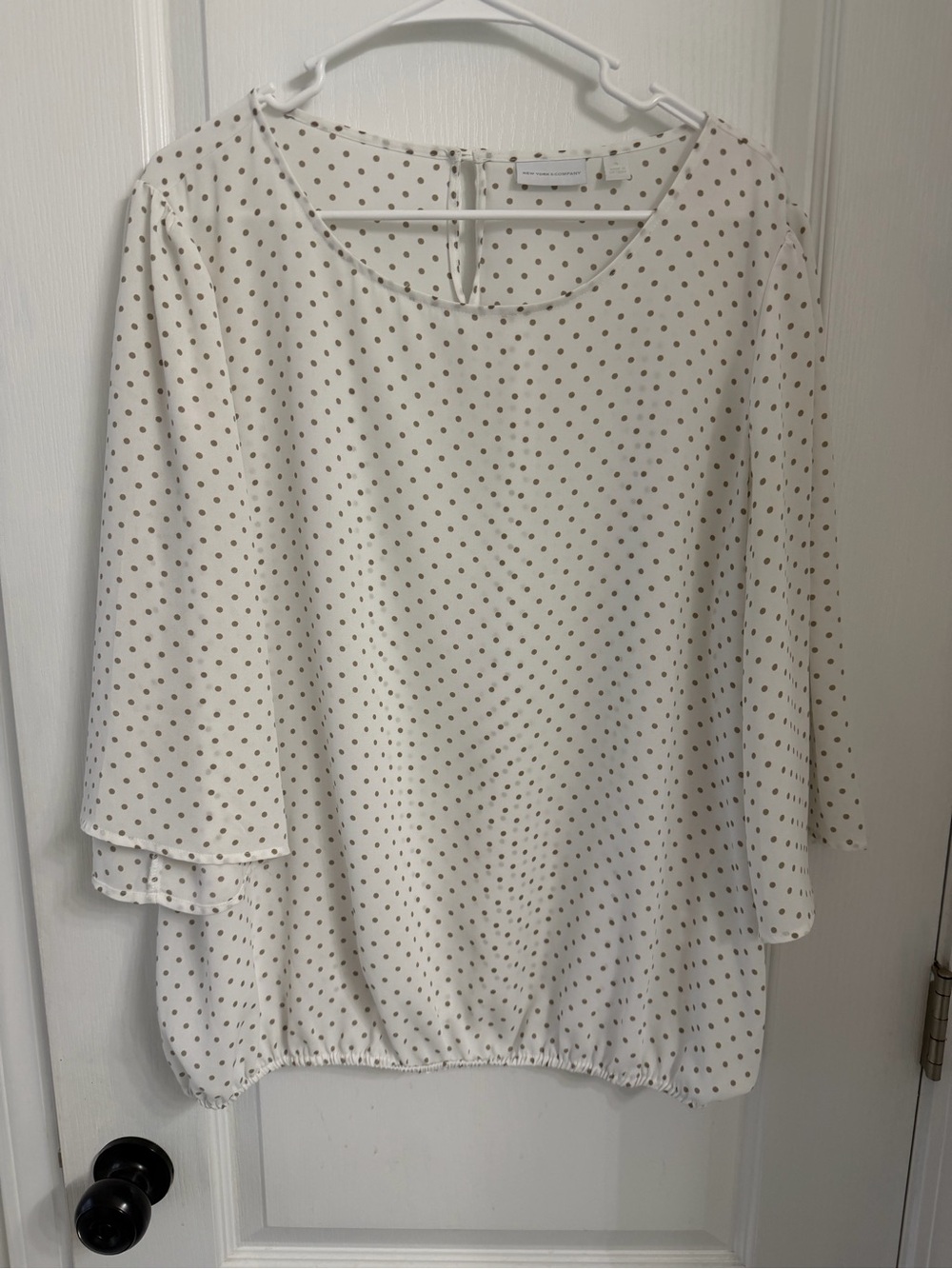 New York & Company Cream Blouse with Tan Polka Dots